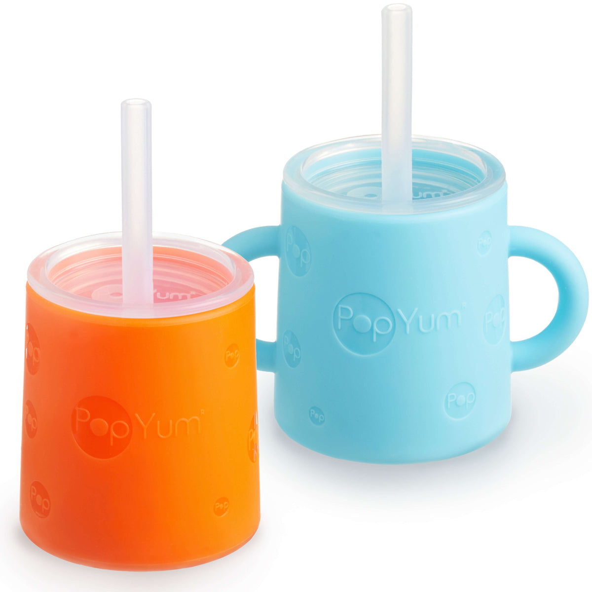 PopYum 5oz Silicone Training Cups with Straw Lid, 2-Pack – Sky Blue & Orange