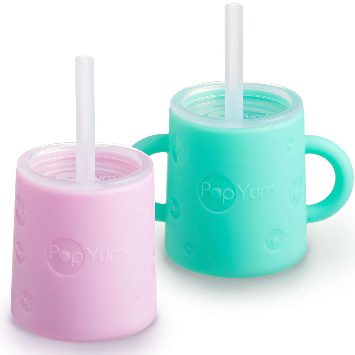 PopYum 5oz Silicone Training Cups with Straw Lid, 2-Pack – Mint Green & Pastel Pink