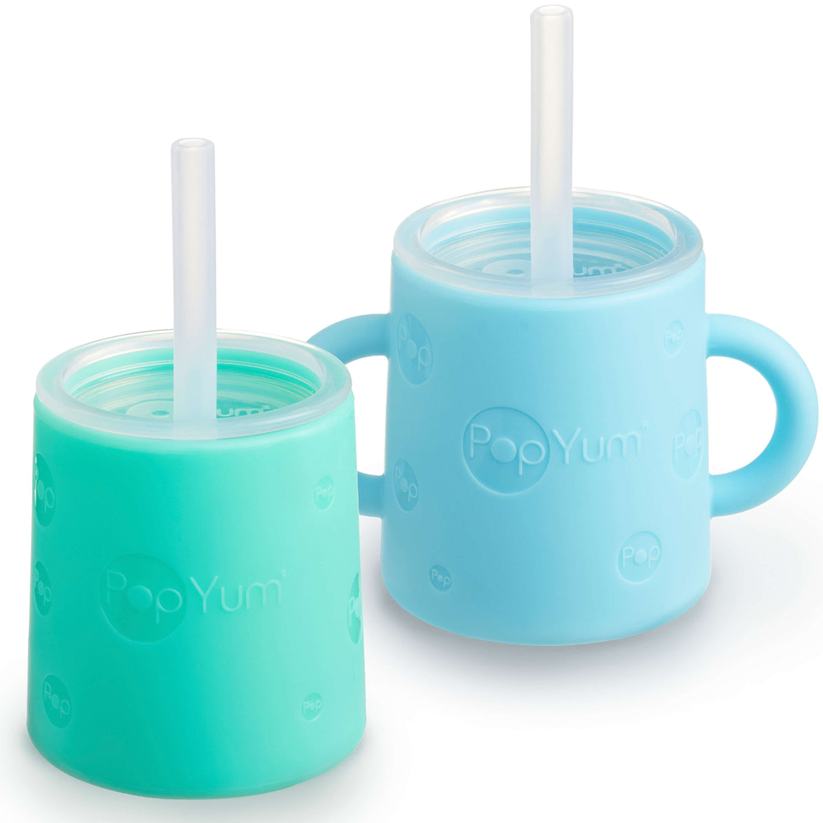 PopYum 5oz Silicone Training Cups with Straw Lid, 2-Pack – Sky Blue & Mint Green