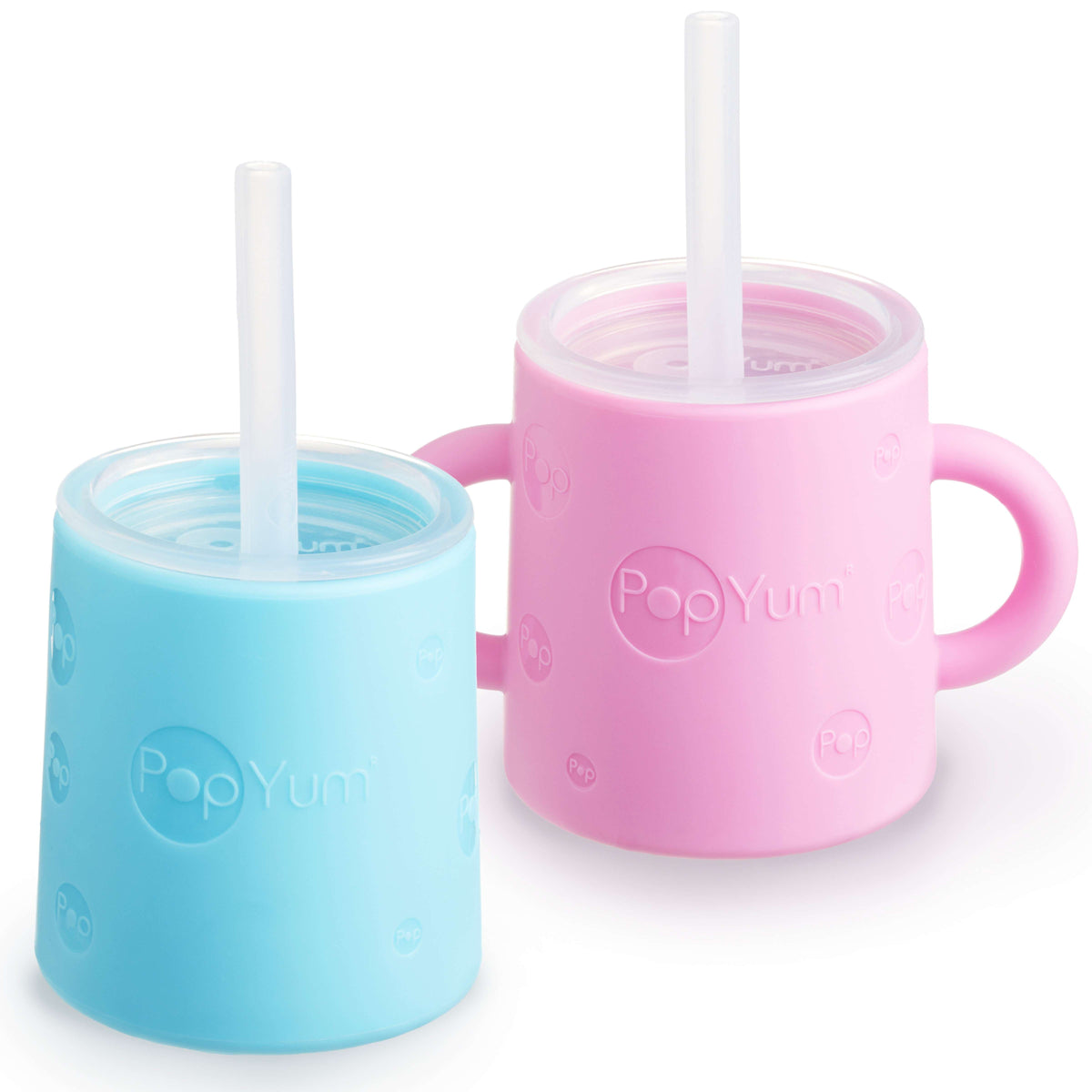 PopYum 5oz Silicone Training Cups with Straw Lid, 2-Pack – Sky Blue & Orchid Pink