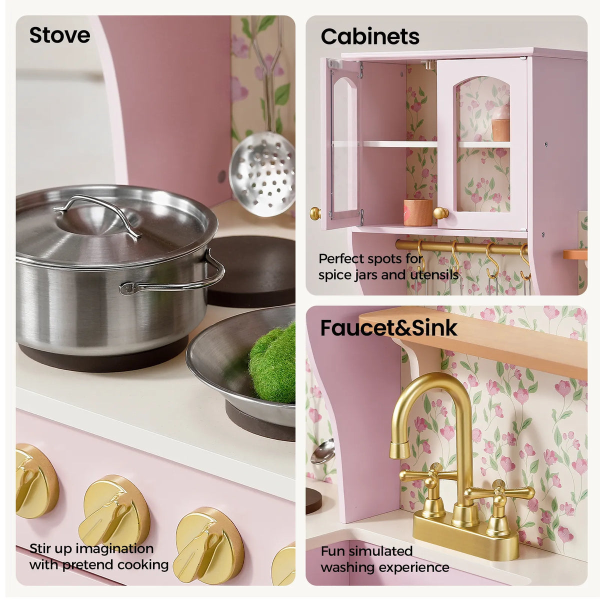 Tiny Land Wooden Play Kitchen with Storage – Cottage-Style Toddler Kitchen