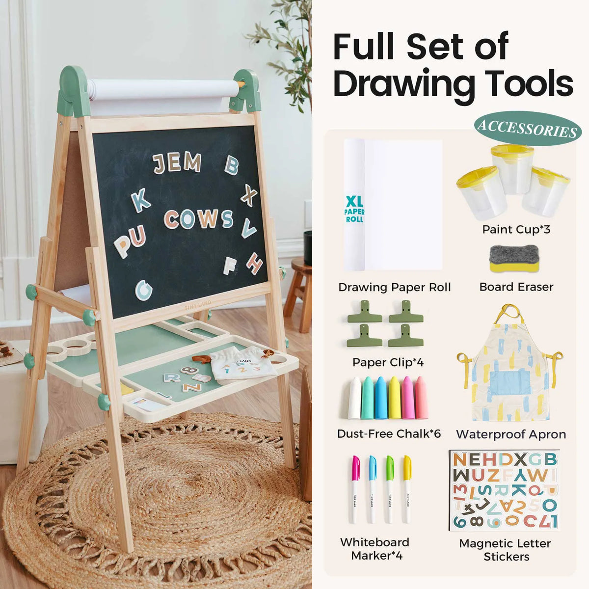 Tiny Land® Magnitales Wooden Art Easel for Kids – Double-Sided Magnetic Chalkboard & Whiteboard, Adjustable, Ages 3–8