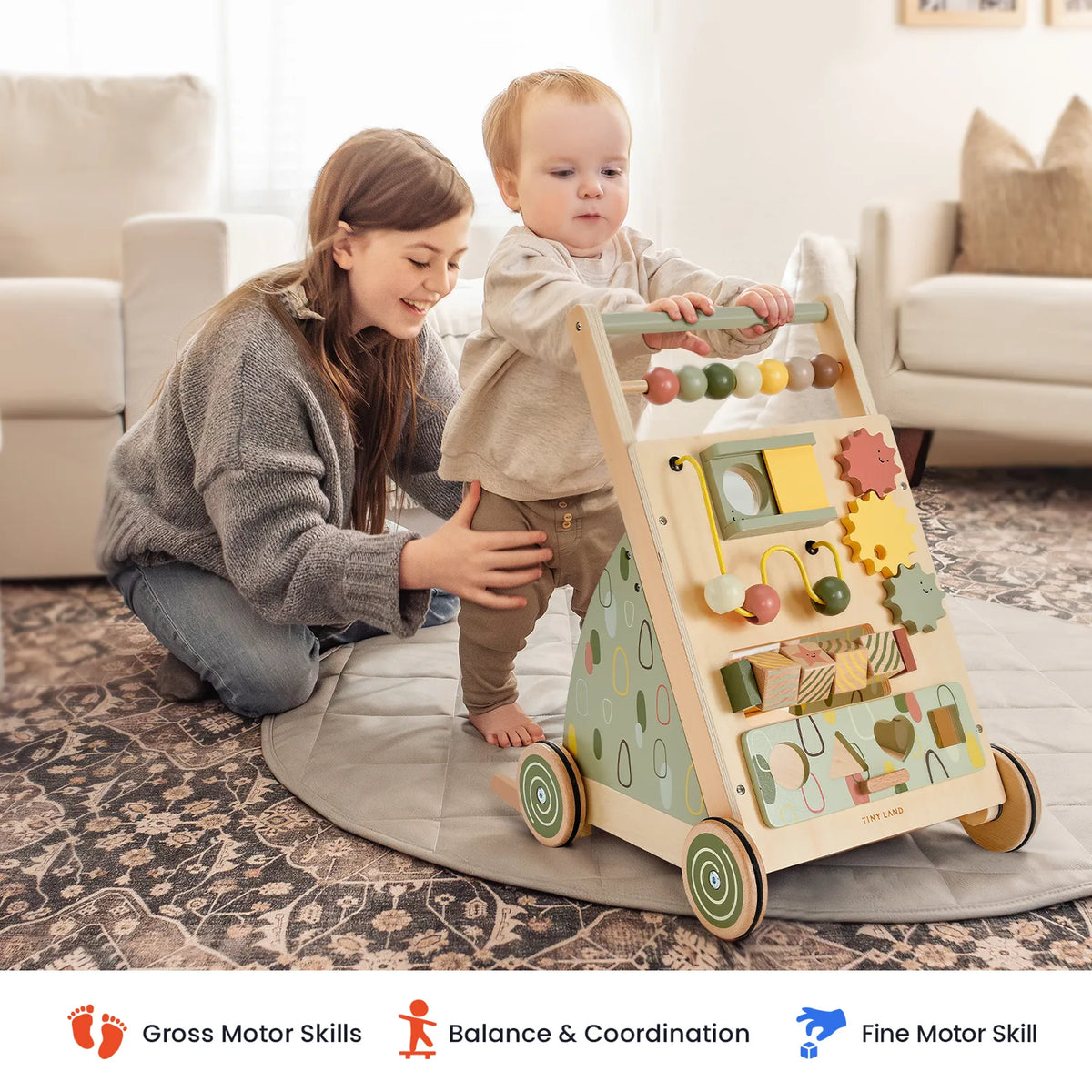 Tiny Land Sage Green Wooden Baby Walker – Push Walker with Activity Center