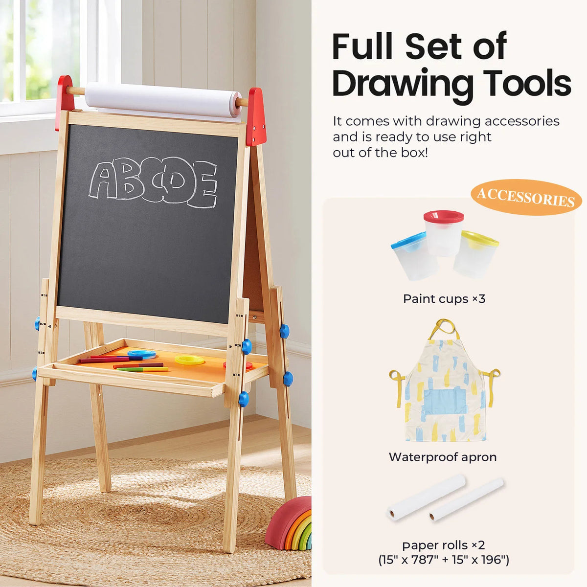 Tiny Land 3-in-1 Kids Art Easel – Chalkboard, Magnetic Whiteboard & Paper Roll