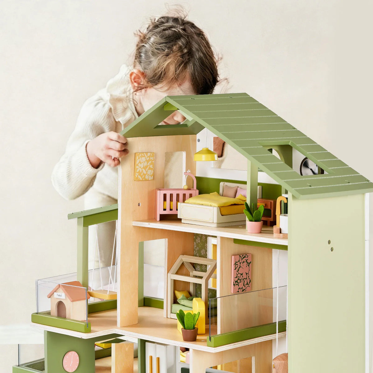 Tiny Land® Sweetwood Edge Wooden Dollhouse with Furniture – 3-Story 1:12 Scale Dollhouse, Green or Pink, Ages 3+