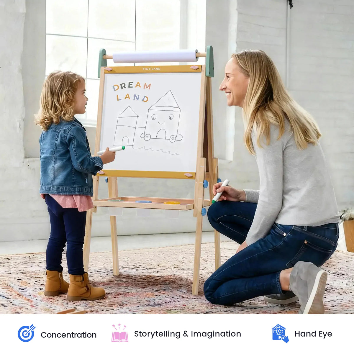 Tiny Land 3-in-1 Kids Art Easel – Chalkboard, Magnetic Whiteboard & Paper Roll