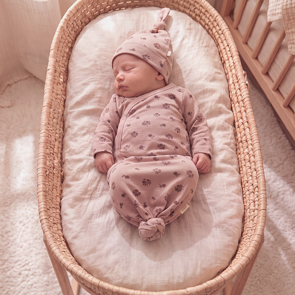 Organic Cotton Kimono Knotted Newborn Gown & Hat Set – Rosebud