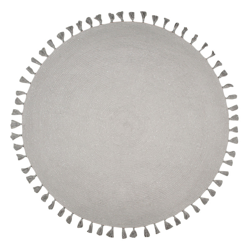 Josephine Round Cotton Rug with Pompoms & Silver Braid – Silver Gray