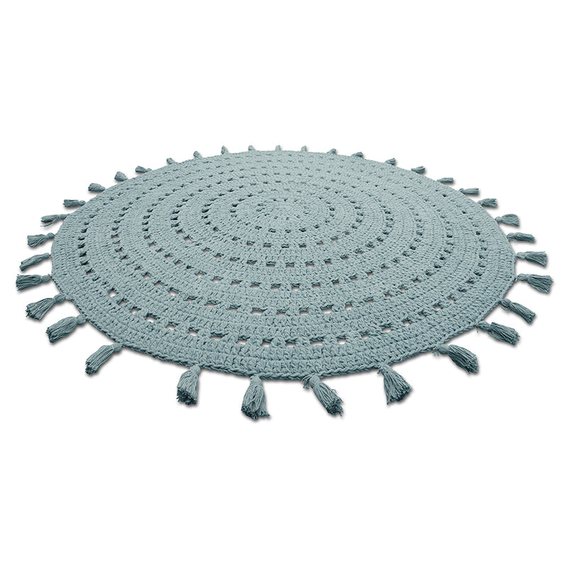 Nila Hand-Crocheted Round Cotton Rug with Pompoms – Pale Green