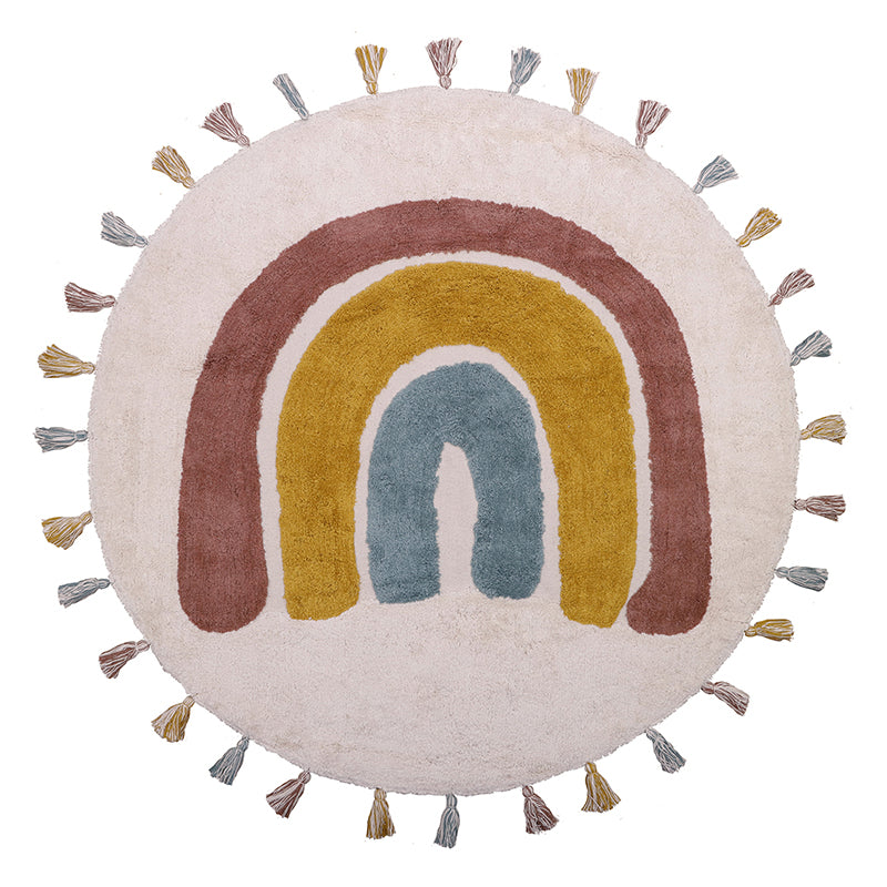 Rainbow Hand-Tufted Cotton Kids' Rug with Pompoms, 3'7" × 3'7"
