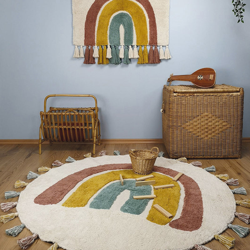 Rainbow Hand-Tufted Cotton Kids' Rug with Pompoms, 3'7" × 3'7"