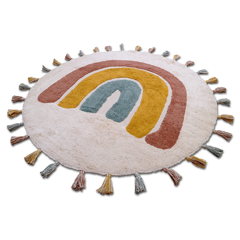 Rainbow Hand-Tufted Cotton Kids' Rug with Pompoms, 3'7" × 3'7"