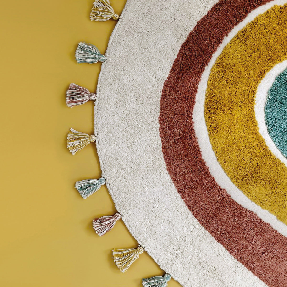 Rainbow Hand-Tufted Cotton Kids' Rug with Pompoms, 3'7" × 3'7"