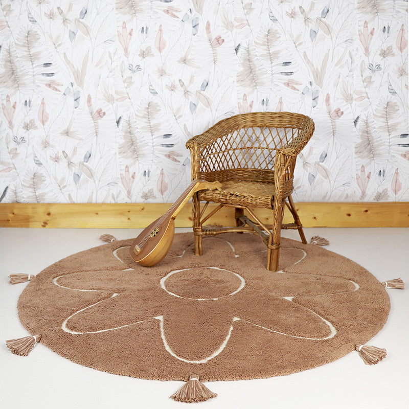 Yva Round Bohemian Kids' Rug with Pompoms – Pinkish Brown, 3'7"