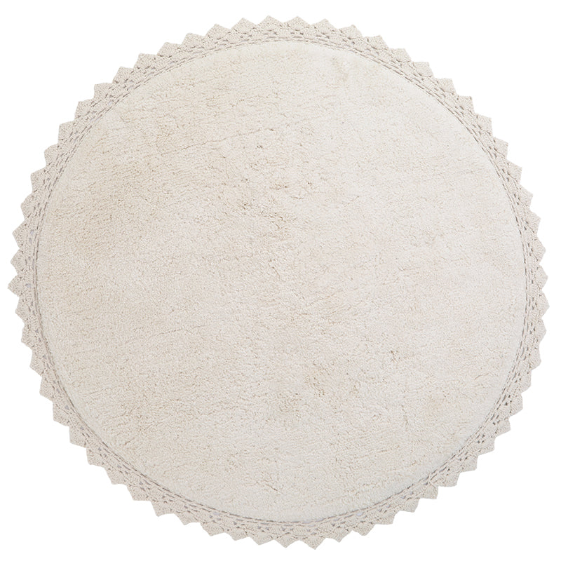 Perla Round Cotton Rug with Crochet Lace Edge – Ecru
