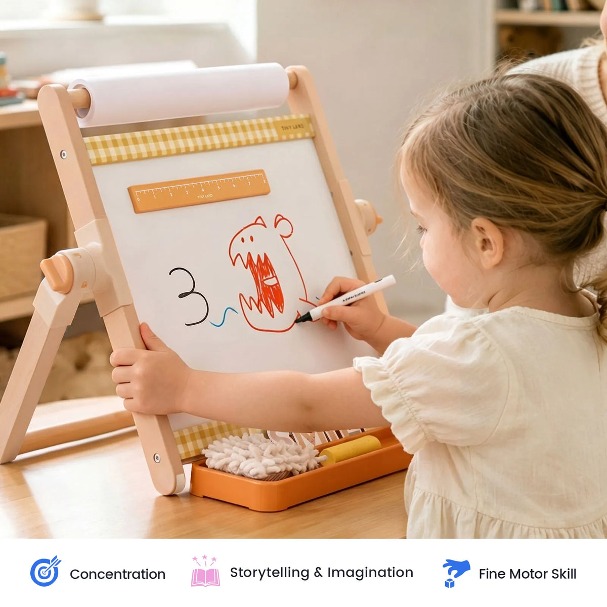 Tiny Land® Double-Sided Magnetic Tabletop Easel – Whiteboard, Chalkboard & Paper Roll with Letter Magnets, Ages 3+
