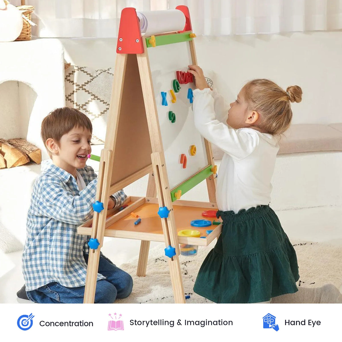 Tiny Land 3-in-1 Kids Art Easel – Chalkboard, Magnetic Whiteboard & Paper Roll