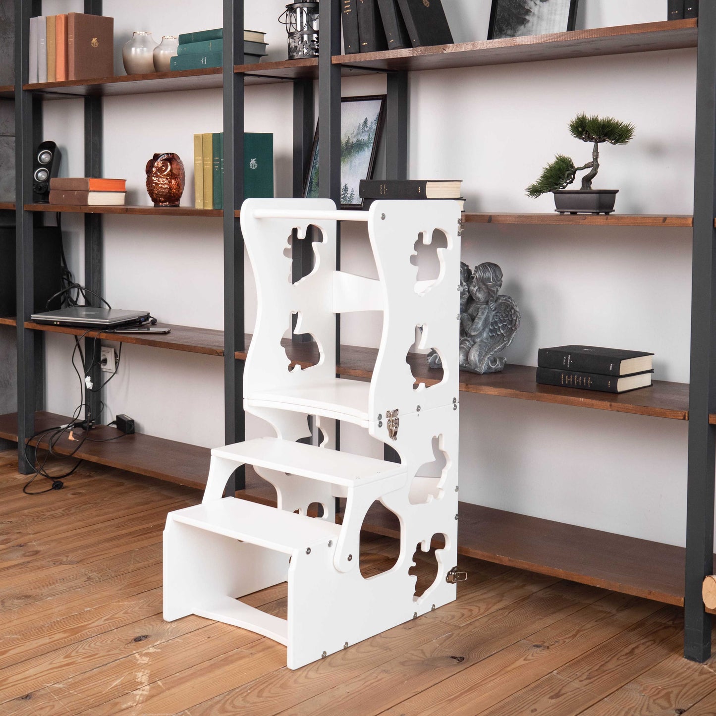 Wood and Hearts Eco-Friendly Wooden Convertible Kids' Kitchen Tower Step Stool Table and Chair