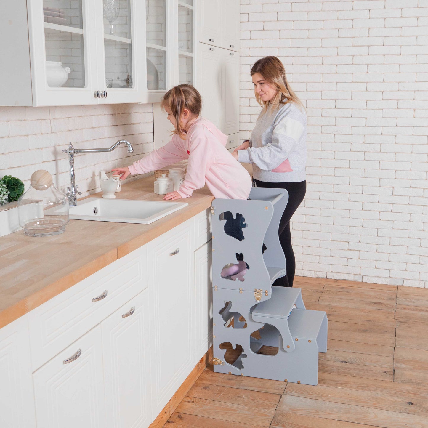 Wood and Hearts Eco-Friendly Wooden Convertible Kids' Kitchen Tower Step Stool Table and Chair