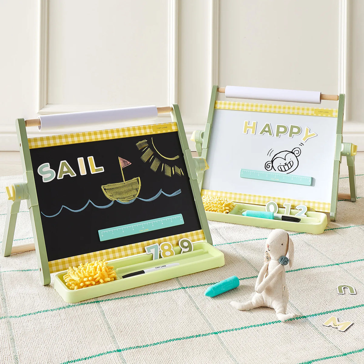 Tiny Land® Double-Sided Magnetic Tabletop Easel – Whiteboard, Chalkboard & Paper Roll with Letter Magnets, Ages 3+
