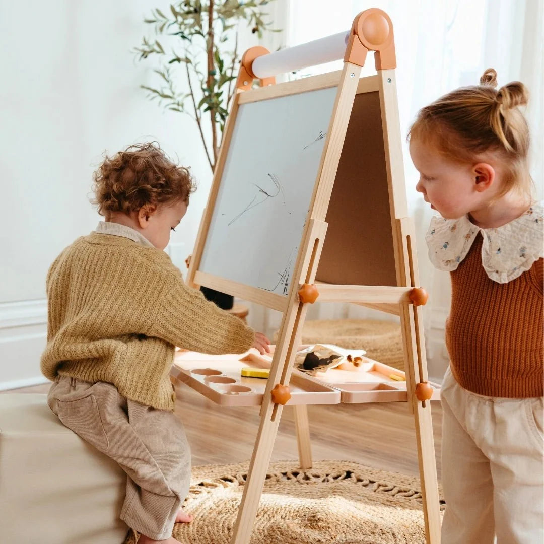 Tiny Land® Caramel Magnitales Art Easel & Paper Roll Set – Double-Sided Magnetic Easel with 3 Extra Paper Rolls, Ages 3–8