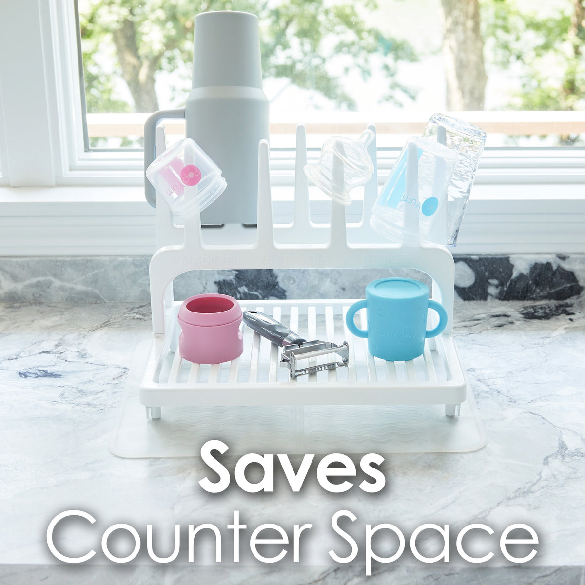 PopYum Space-Saving Baby Bottle Drying Rack with Silicone Mat – Glacier White, Made from Recycled Bottles