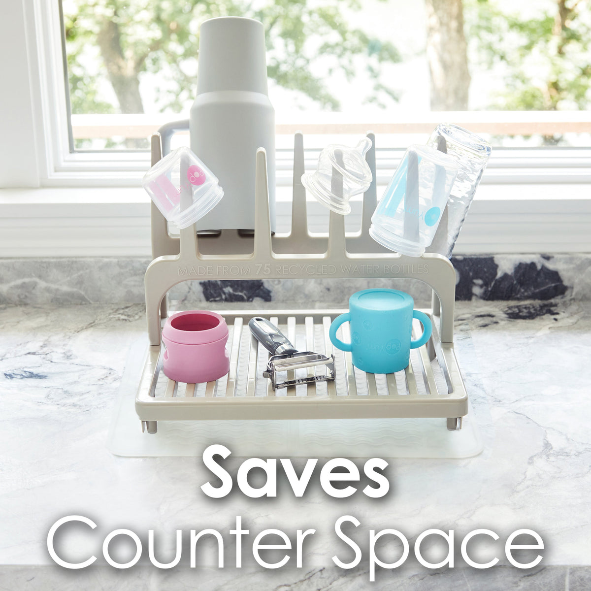 PopYum Space-Saving Baby Bottle Drying Rack with Silicone Mat – Seattle Gray, Made from Recycled Bottles