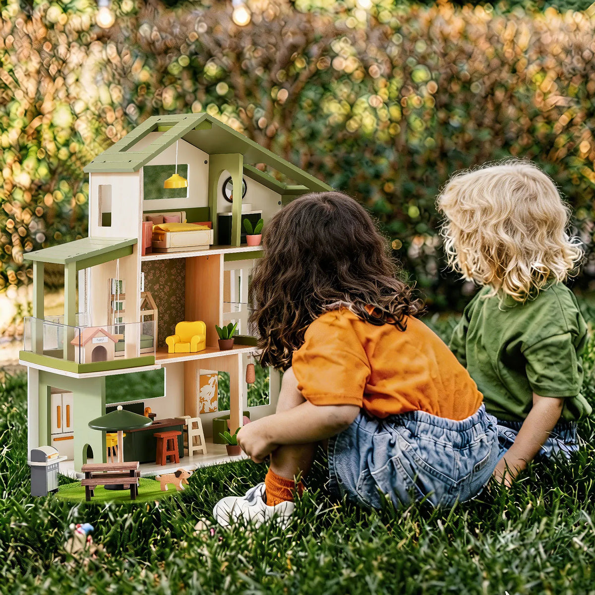 Tiny Land® Sweetwood Edge Wooden Dollhouse with Furniture – 3-Story 1:12 Scale Dollhouse, Green or Pink, Ages 3+