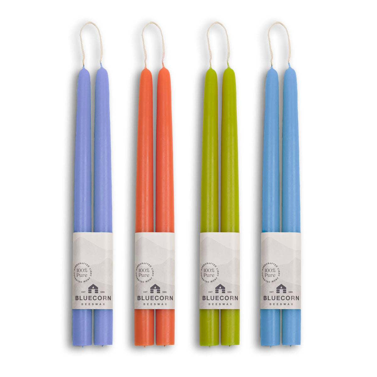 Bluecorn Summer Beeswax Taper Candle Bundle – Apricot, Pistachio, Lilac & Sky Blue