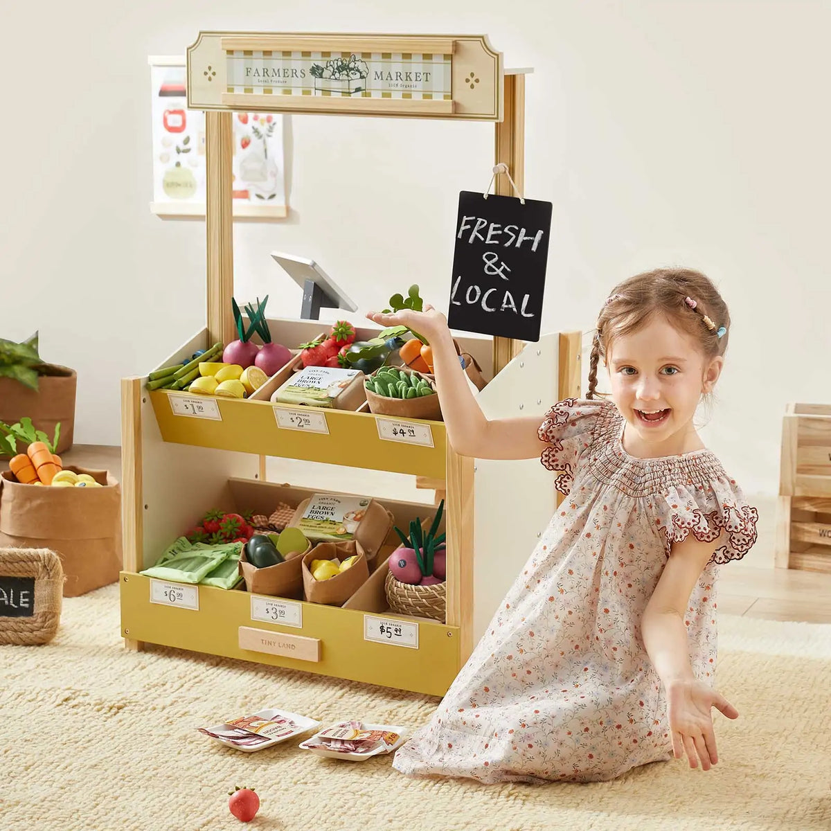 Tiny Land Wooden Grocery Store Playset – Kids' Pretend Play Market Stand