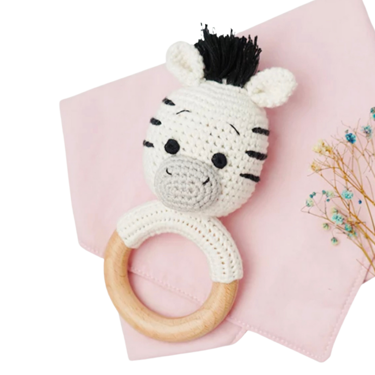 Rainbow Sprout Handmade Organic Cotton Zebra Rattle Teether with Wooden Ring – Black, Gray & White