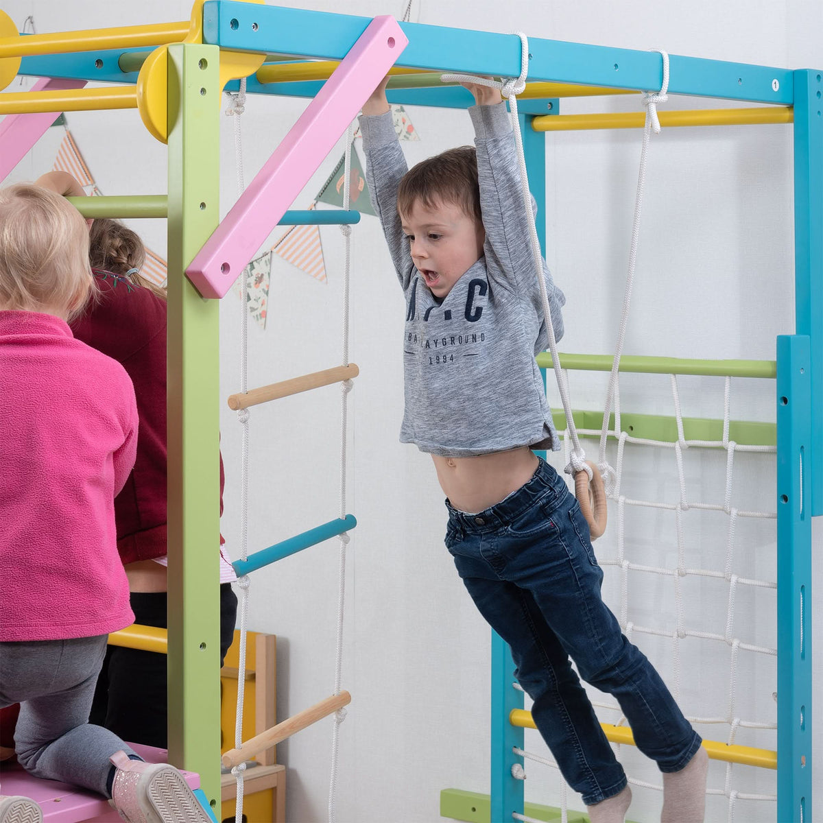 Avenlur Grove 8-in-1 Foldable Wall-Mounted Indoor Jungle Gym with Slide, Rope Net & Swing