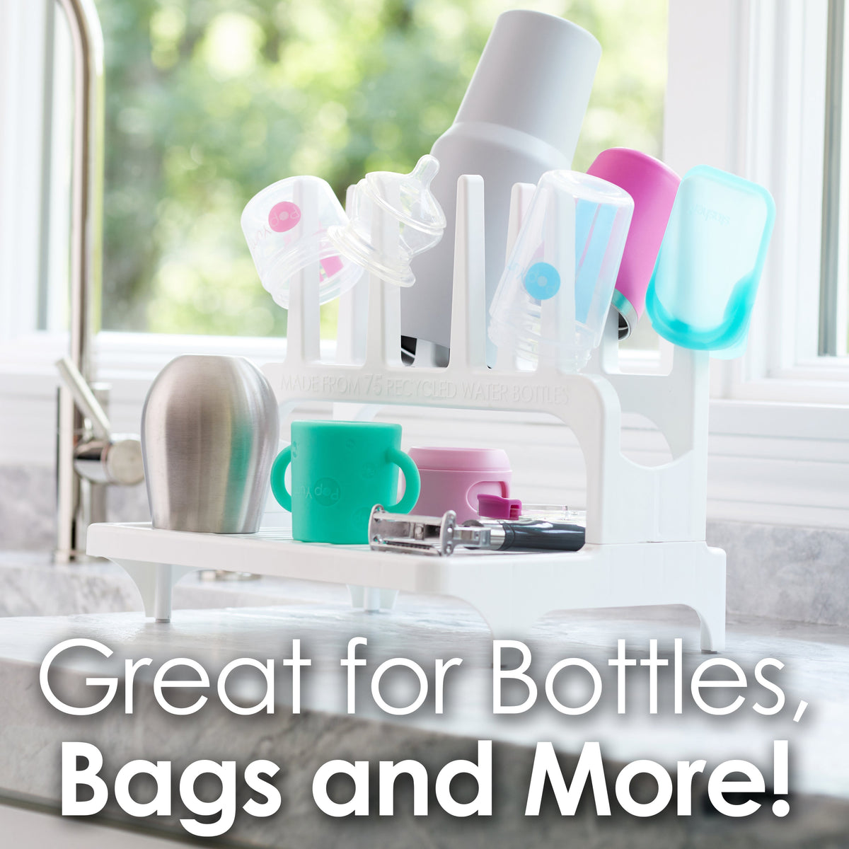 PopYum Space-Saving Baby Bottle Drying Rack with Silicone Mat – Seattle Gray, Made from Recycled Bottles