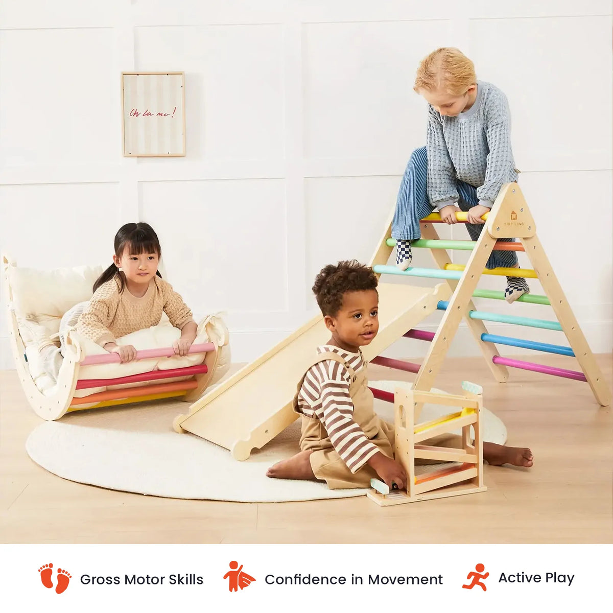 Tiny Land Pikler Triangle 7-in-1 – Wooden Montessori Climbing Set with Slide
