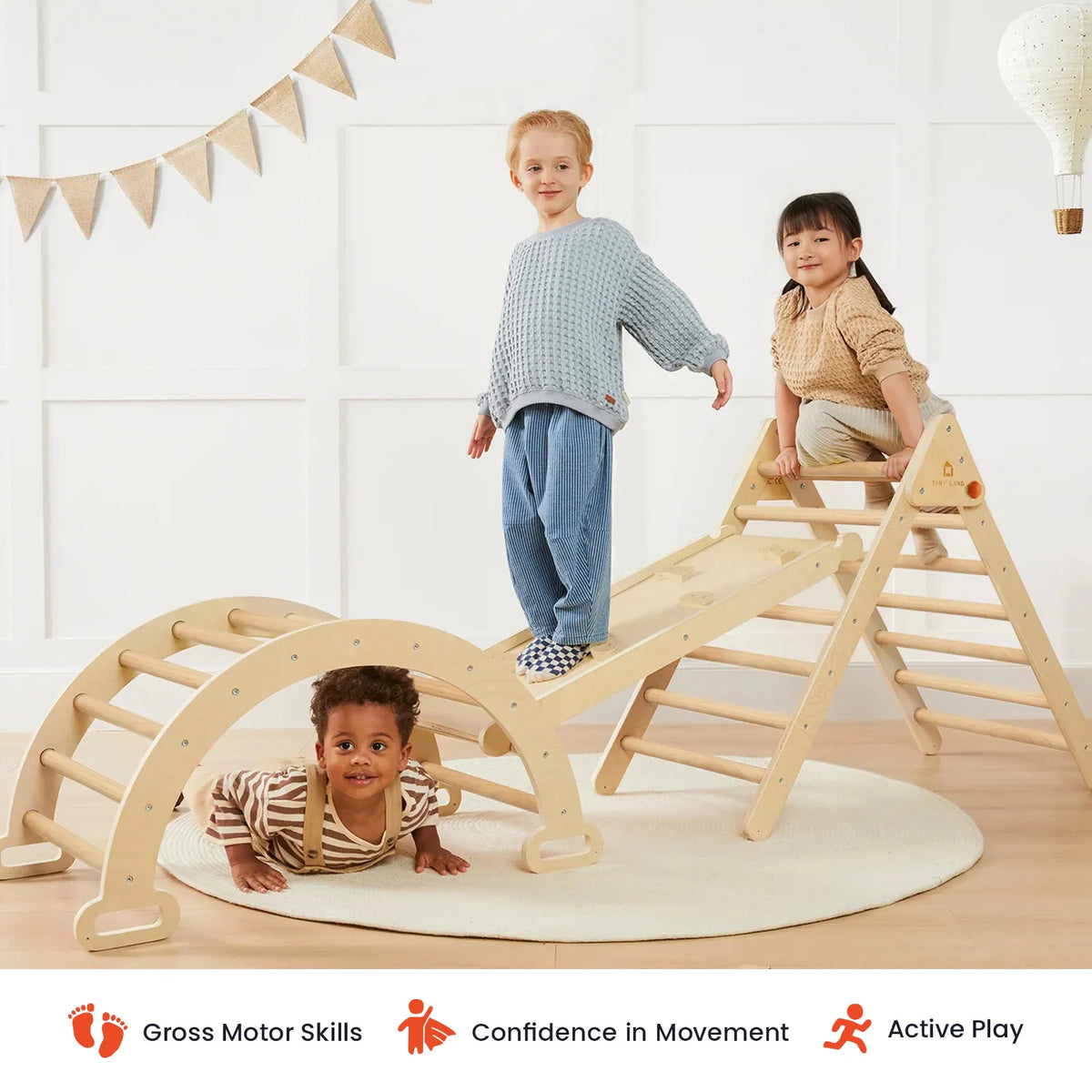 Tiny Land Pikler Triangle 7-in-1 – Wooden Montessori Climbing Set with Slide