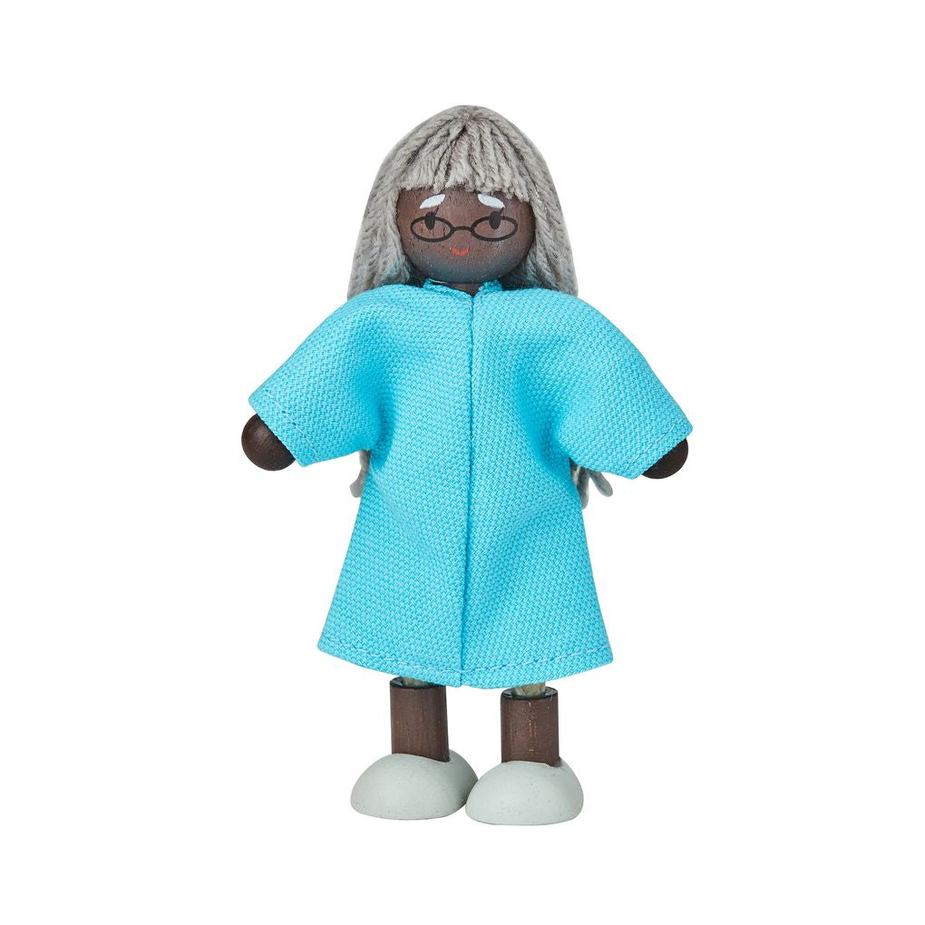 PlanToys Eco-Friendly Wooden Grandmother Dollhouse Figure - Dark Skin Tone