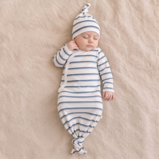 Organic Cotton Kimono Knotted Newborn Gown & Hat Set – Navy Stripe