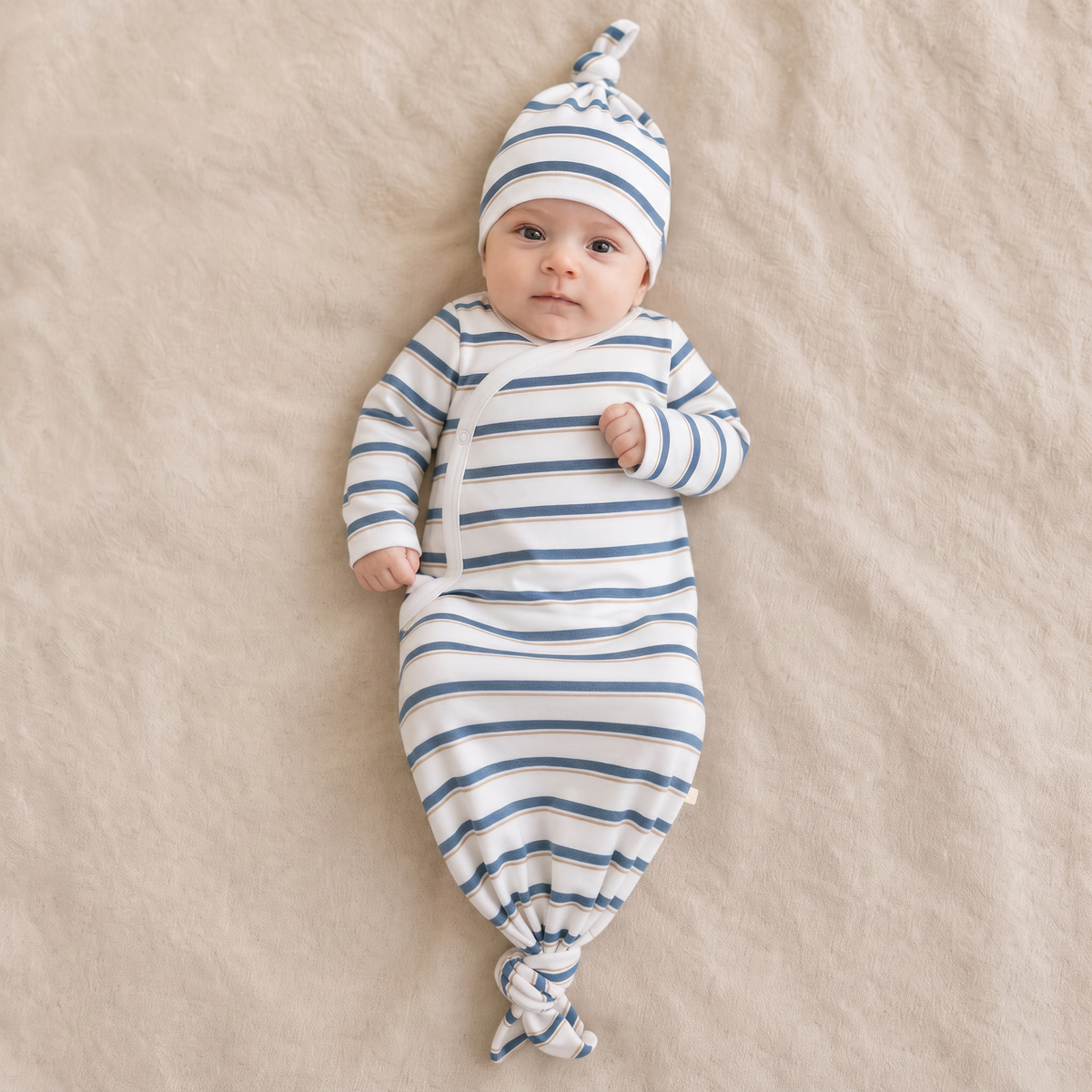 Organic Cotton Kimono Knotted Newborn Gown & Hat Set – Navy Stripe