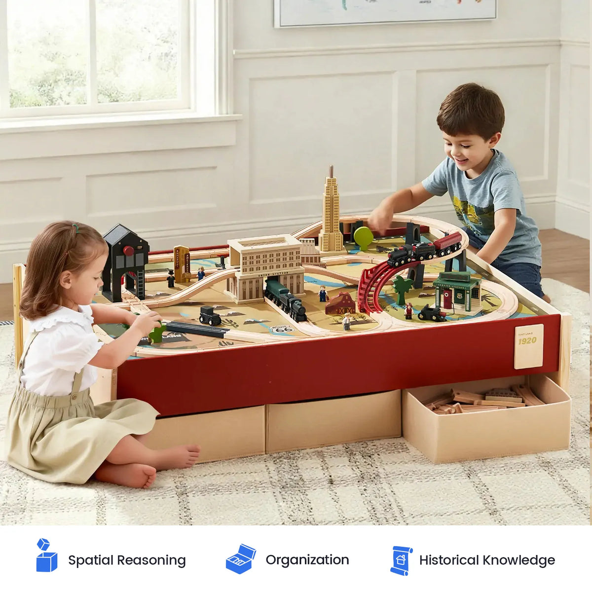 Tiny Land 1920 Railway Adventure Wooden Train Table – 102-Piece Train Set with Storage