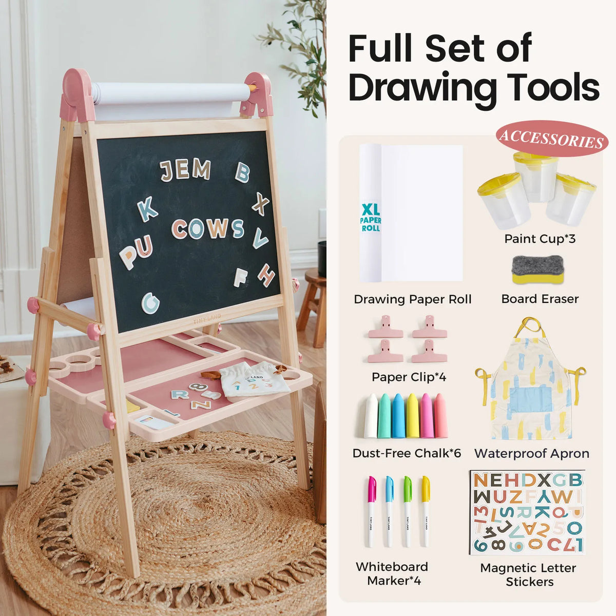 Tiny Land® Magnitales Wooden Art Easel for Kids – Double-Sided Magnetic Chalkboard & Whiteboard, Adjustable, Ages 3–8