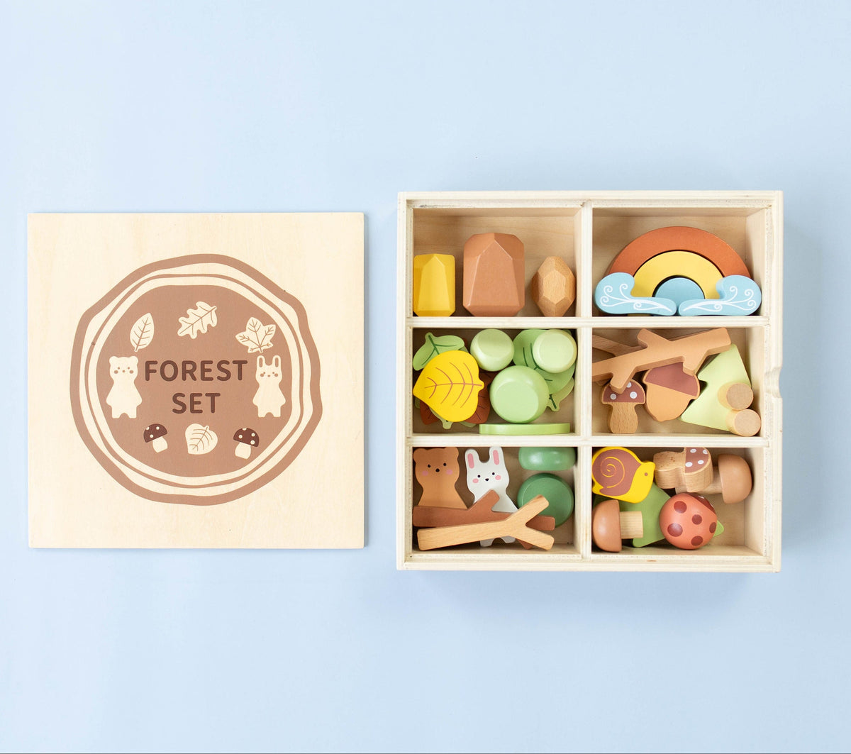 Wooden Forest Sensory Bin – 38-Piece Woodland Play Set with Chalkboard Lid, Ages 3+