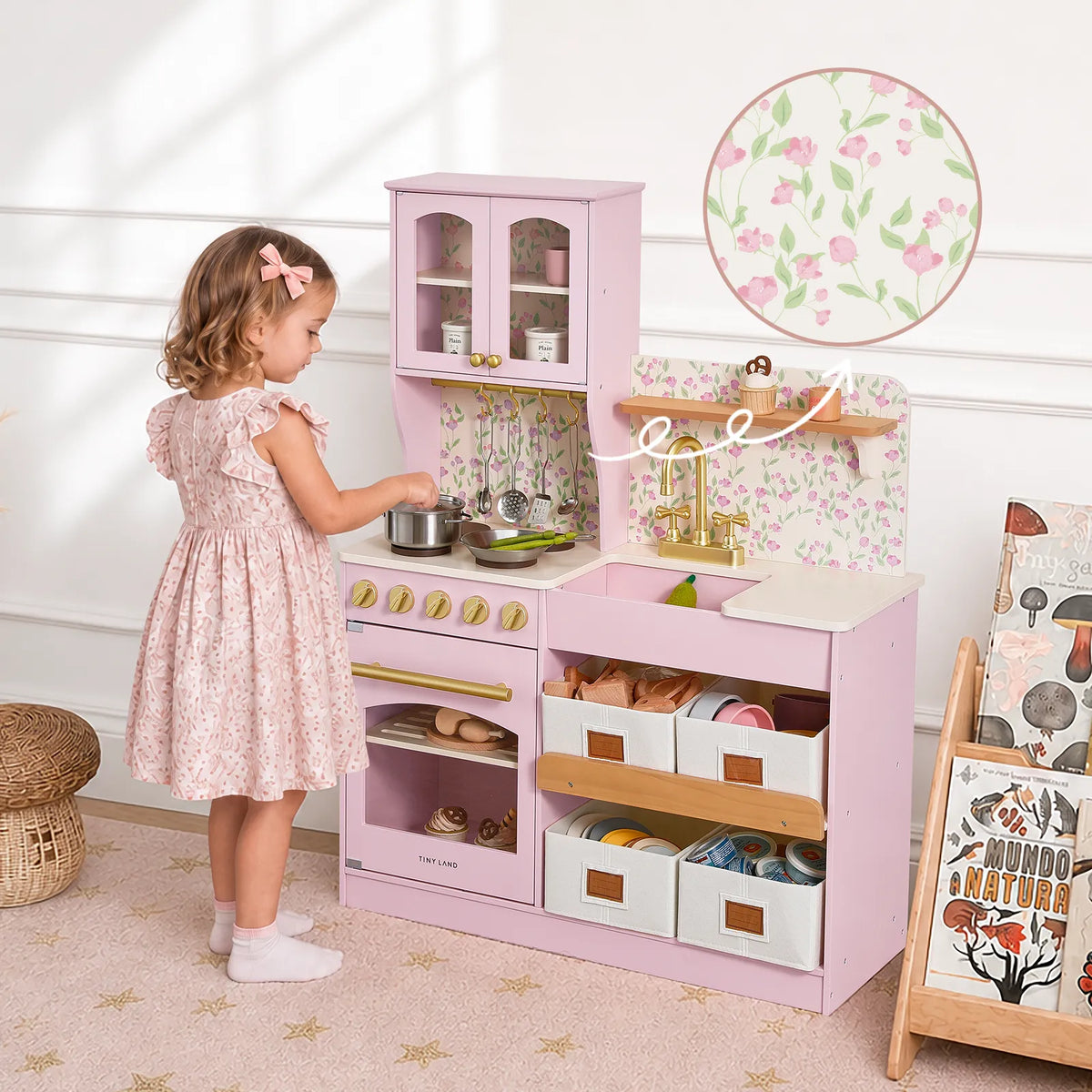 Tiny Land Wooden Play Kitchen with Storage – Cottage-Style Toddler Kitchen