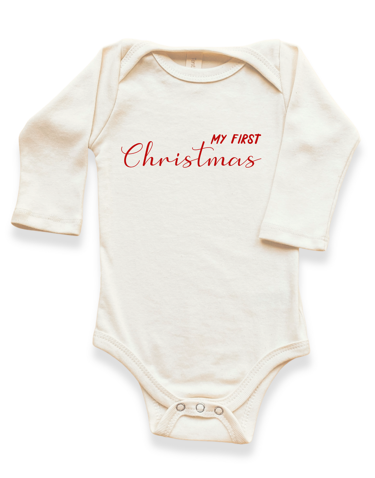 My First Christmas Organic Cotton Baby Bodysuit – Long Sleeve, Red or Olive, 0–24M