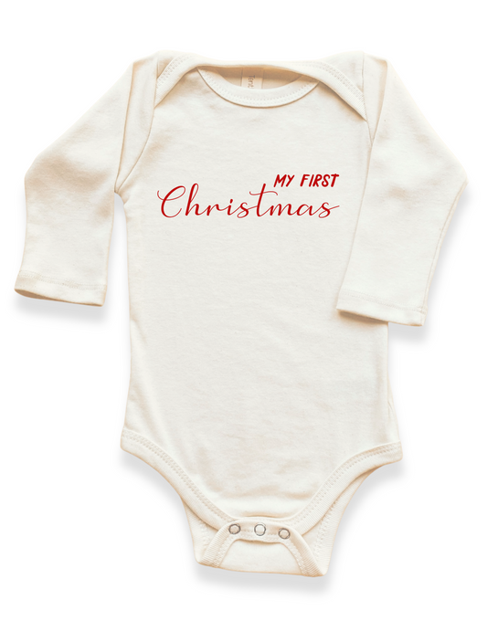 My First Christmas Organic Cotton Baby Bodysuit – Long Sleeve, Red or Olive, 0–24M