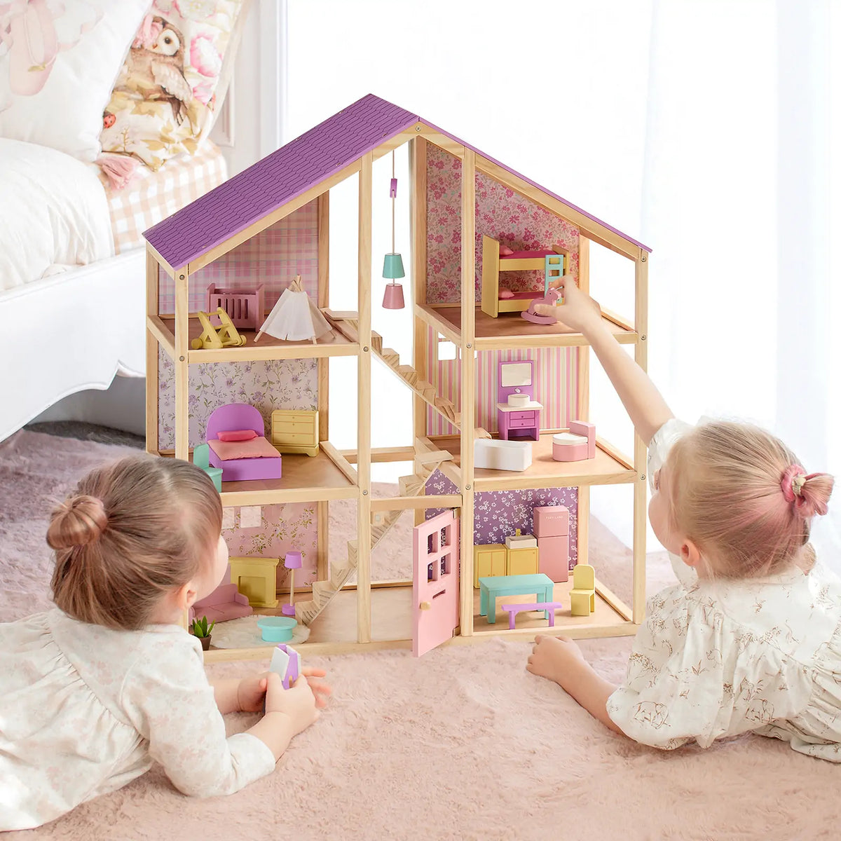 Tiny Land® Sweetwood Unicorn Wooden Dollhouse with Doll Family – 31-Piece Furniture Set & Stroller, Ages 3+