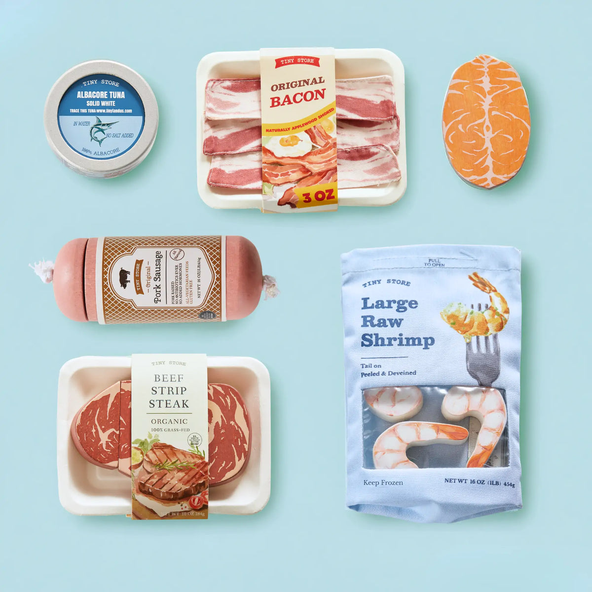 Tiny Land Meat & Seafood Play Food Set – Wood & Fabric Pretend Food