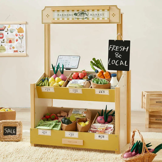 Tiny Land Wooden Grocery Store Playset – Kids' Pretend Play Market Stand