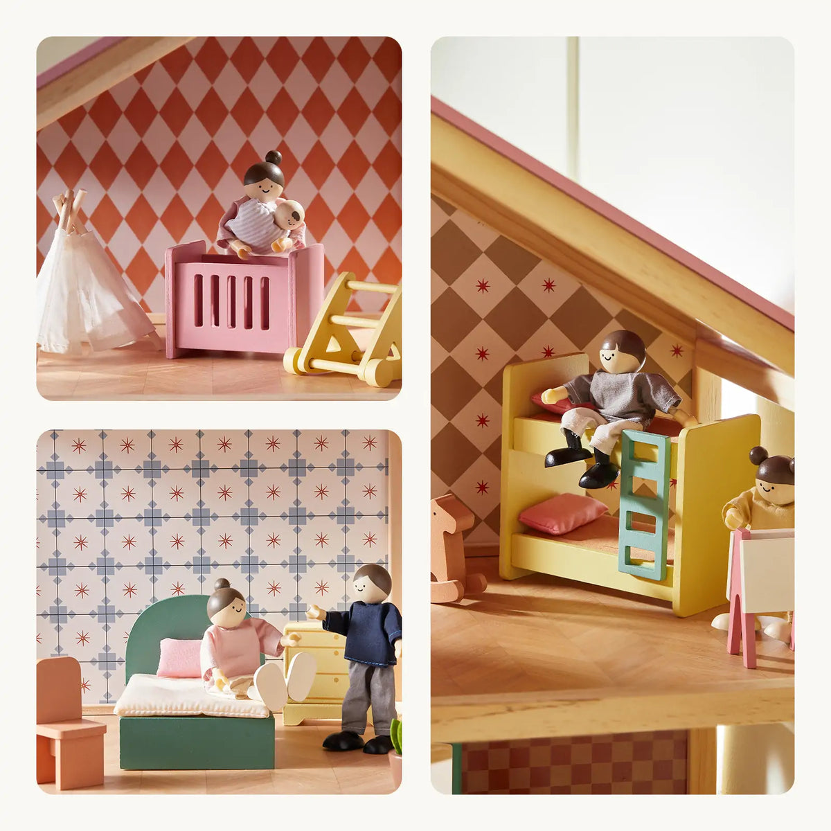 Tiny Land® Sweetwood Pegasus Wooden Dollhouse with Doll Family – 31-Piece Furniture Set & Stroller, Ages 3+