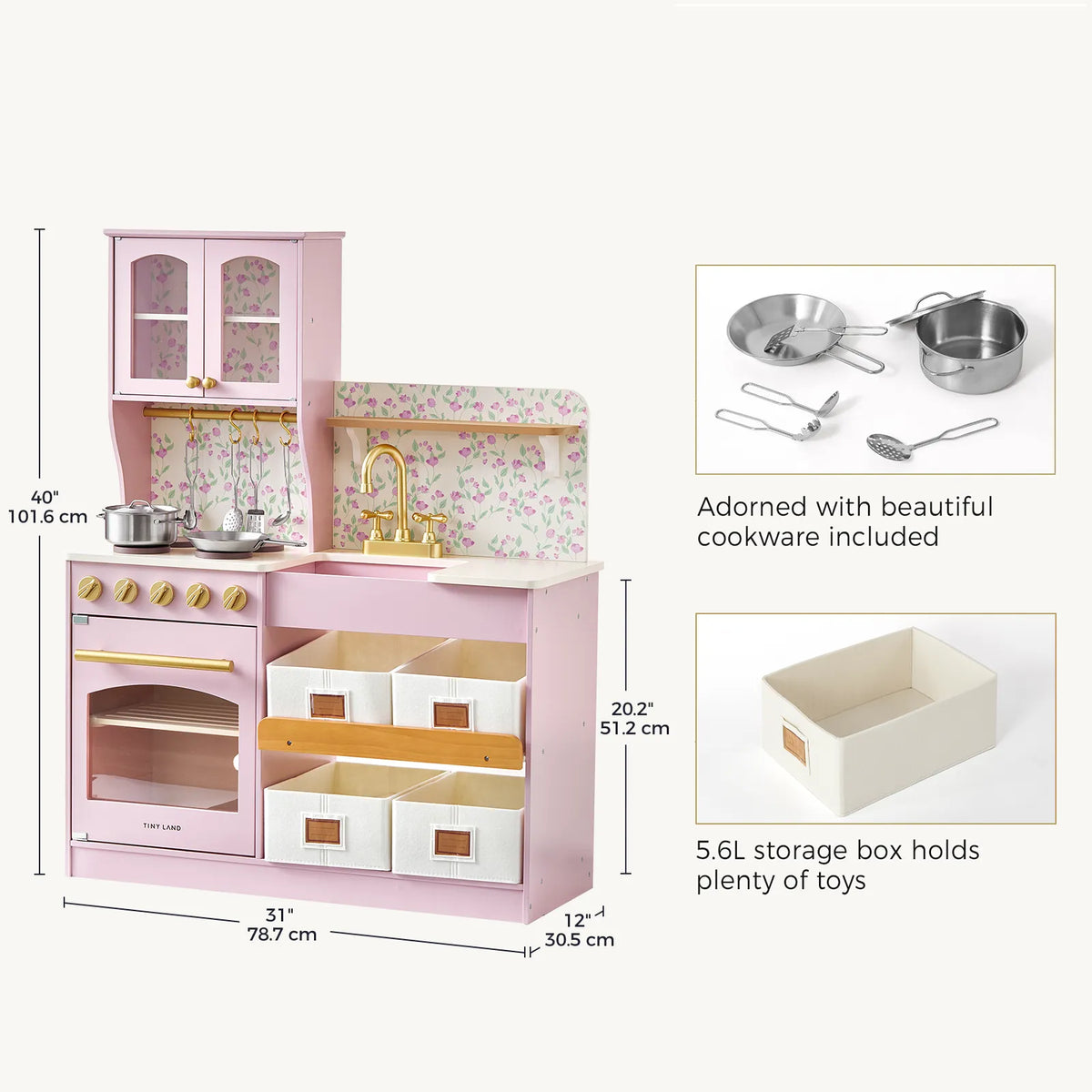 Tiny Land Wooden Play Kitchen with Storage – Cottage-Style Toddler Kitchen