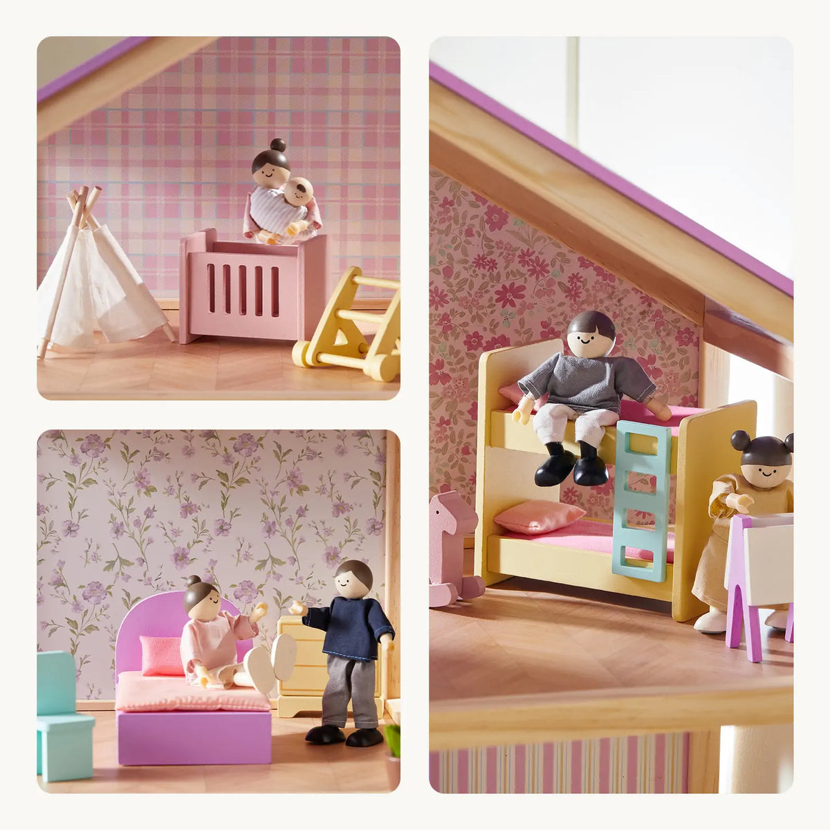 Tiny Land® Sweetwood Unicorn Wooden Dollhouse with Doll Family – 31-Piece Furniture Set & Stroller, Ages 3+